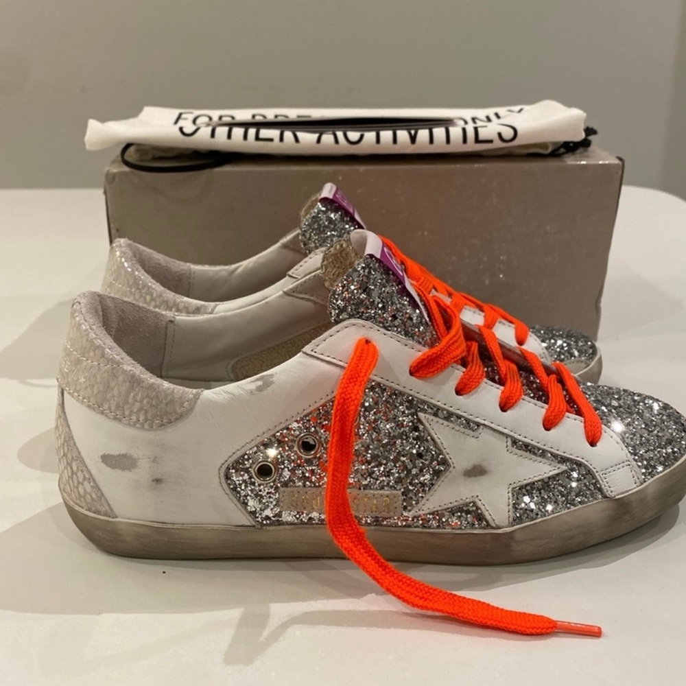 Golden Goose Superstar Silver Glitter/White Leather/Snakeskin sz 38 New in Box